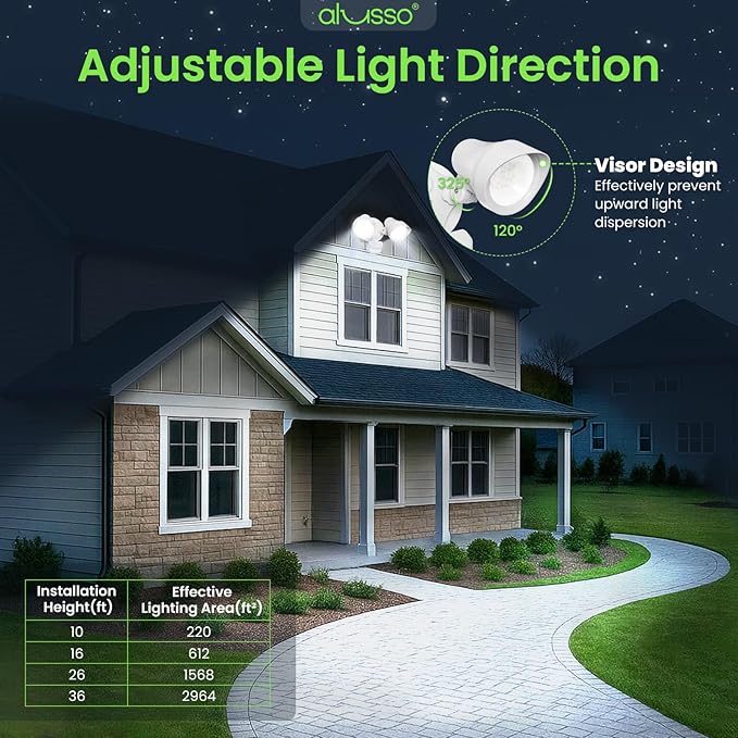 ALUSSO Motion Sensor Outdoor Lights, 30W 3500LM Flood Lights Outdoor 120V, 3 Modes (Dusk to Dawn/Auto/On Time), 3CCT 3000K/4000K/6500K Waterproof Hardwired ETL Listed, Porch Flood Light, White 2PCS