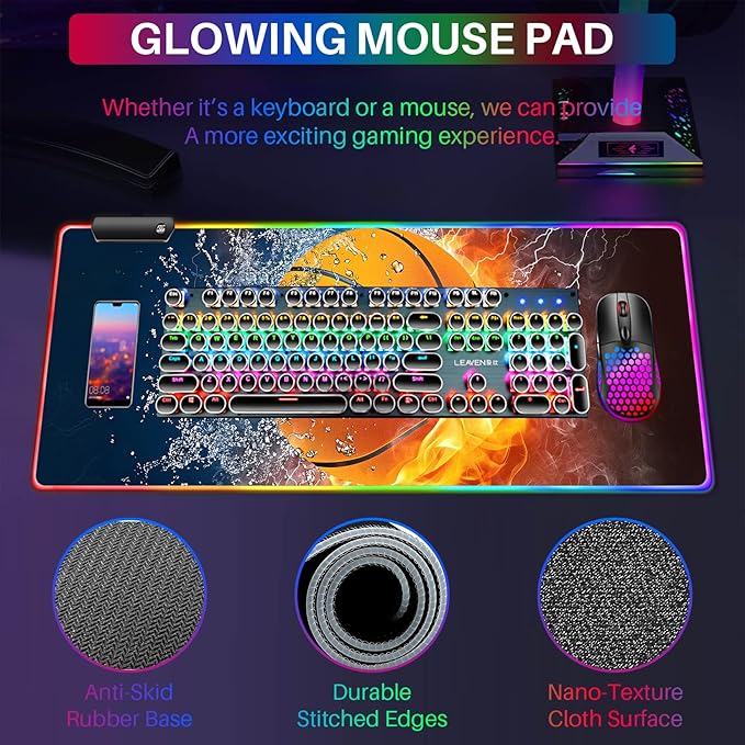 XL RGB Gaming Mouse Pad with 14 Light Modes - Light Up Gamer Mouse Pad,31.5 x 11.8in Non-Slip Basketball Style Led Large Gamer Mousepad, Black Long Glowing Gaming Accessories for Desk, Waterproof