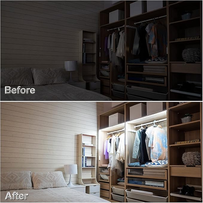 WOBANE Motion Sensor Stair Strip Lights,Rechargeable Motion Activated Closet Light,Battery Powered LED Strip,60 LEDs Homelife Bar for Bed,Pantry,Counter,Night Light,Cabinet,6000K White,6.56ft,2PCS
