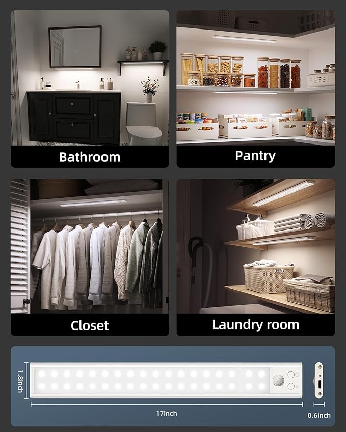 17" Under Cabinet Lights, Motion Sensor Light, Wireless Closet Lights, 4000mAh Rechargeable, Magnetic, 5 Levels Dimmable, 62 LEDs Super Bright Under Counter Lights for Kitchen (2 Pack)