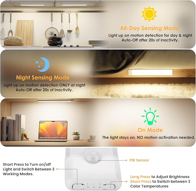 5-Pack Motion Sensor Under Cabinet Light, 3 Color Temperature Dimmable Rechargeable Magnetic Closet Light 11.8 inch Wireless Under Counter Lighting