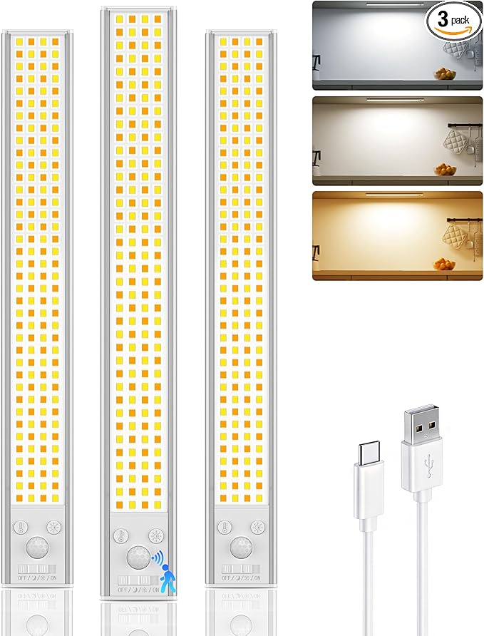 12inch Under Cabinet Lighting Wireless, 152LED Motion Sensor Light Indoor, USB Rechargeable Closet Lights, 3 Color Temps & Dimmable, Stick On Under Counter Lights for Kitchen, Pantry, Stairs, 3 Pack
