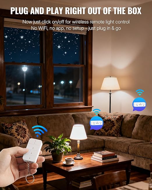 Remote Control Outlet with 4 Independent Control Sockets, WILAWELS Wireless Light Switch, Expandable Remote Outlet Switch forChristmas Tree Lights, String Lights, 15A/1875W/125V, FCC Listed