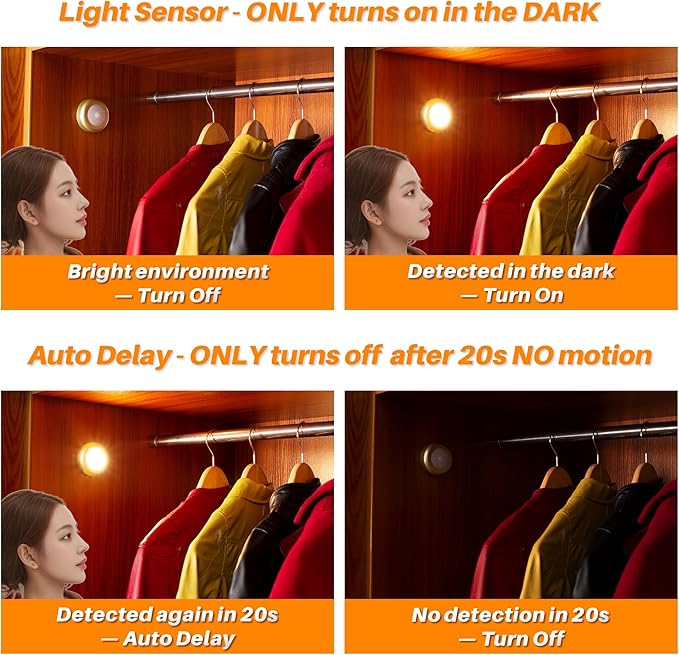 STAR-SPANGLED 3 Pack 2.8” Motion Sensor Lights Indoor AAA Battery Operated, Stick on LED Puck Light for Stairs, Under Cabinet, Closet (Golden, Warm White)