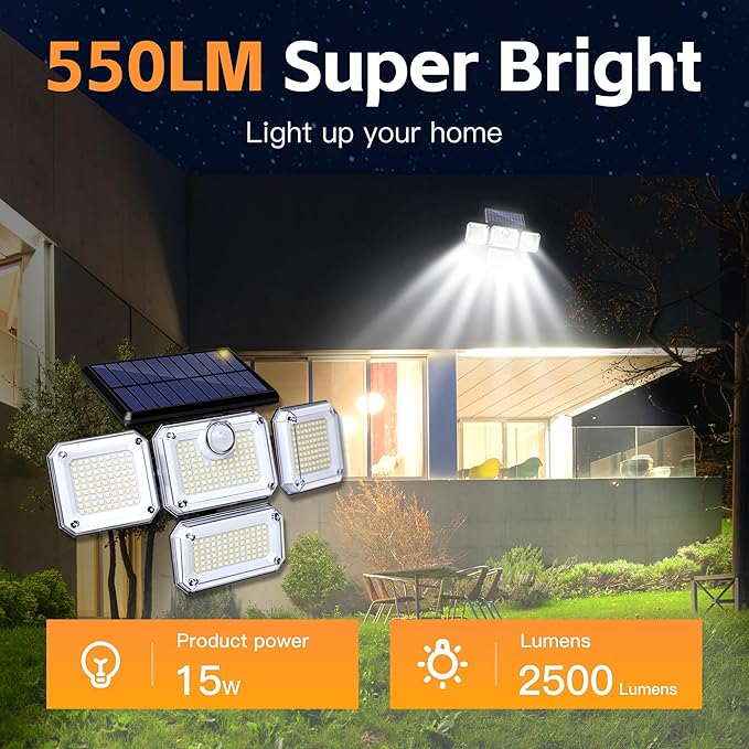 Outdoor Motion Sensor Lamp, 4-Head Solar Power Light, 333 LED Solar Light, Wireless Flood Lights Outdoor，3000 Lumens, 6500K, Motion Sensor, IP65 Waterproof, 270° Lighting Range for Street （2Pack）