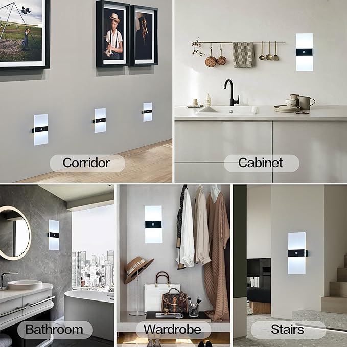 Wall Sconces 2Pack,2200mah Battery Operated Wireless Wall Lamp Rechargeable, Motion Sensor Dimmable Up and Down Stair Light with Button Switch for Bedroom Hallway