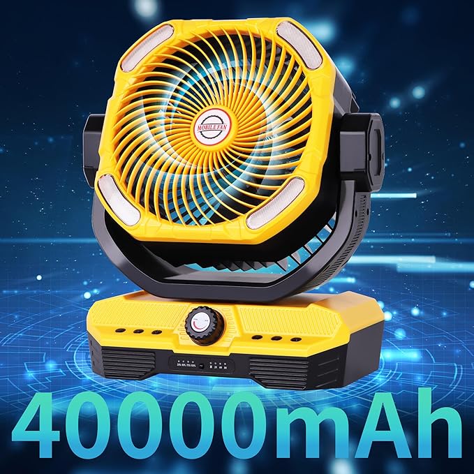 WESTTREE Battery Powered Fan Powerful Airflow Battery Operated Air Circulator Fan for Bedroom,Quiet & 360°Auto Oscillating Rechargeable Camping Fans with LED Light (RGBW) X66 Yellow