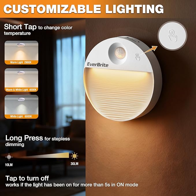 EverBrite Rechargeable Round Motion Sensor LED Night Light, Motion Activated LED Night Light with 3 Lighting Modes, Touch Control, 3 Color Temperatures & Dimmable, for Hallway, Bedroom, 6 Pack