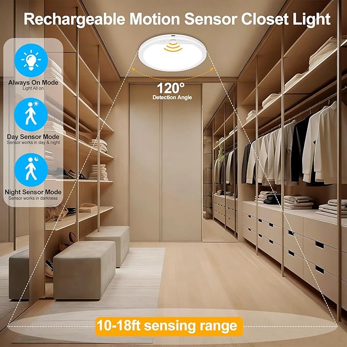 OSIDEN Rechargeable Motion Sensor Ceiling Light with Remote Battery Operated Closet Light Wireless Magnetic Stick-on Night Lights, 3 Color Temperatures & Dimmable for Shower, Shed, Hallway