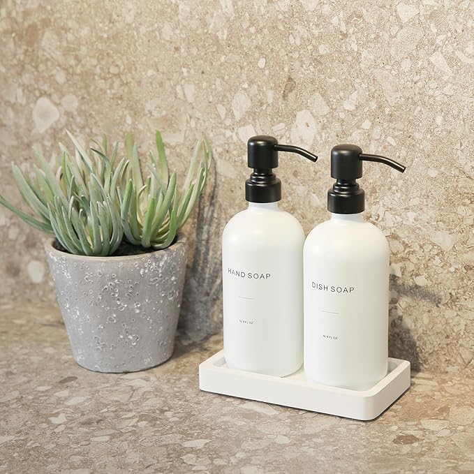 Prus Waso Kitchen Soap Dispenser Set, White Soap Dispenser with Black Stainless Steel Pump, Perfect for Modern Kitchen Decor. (White)