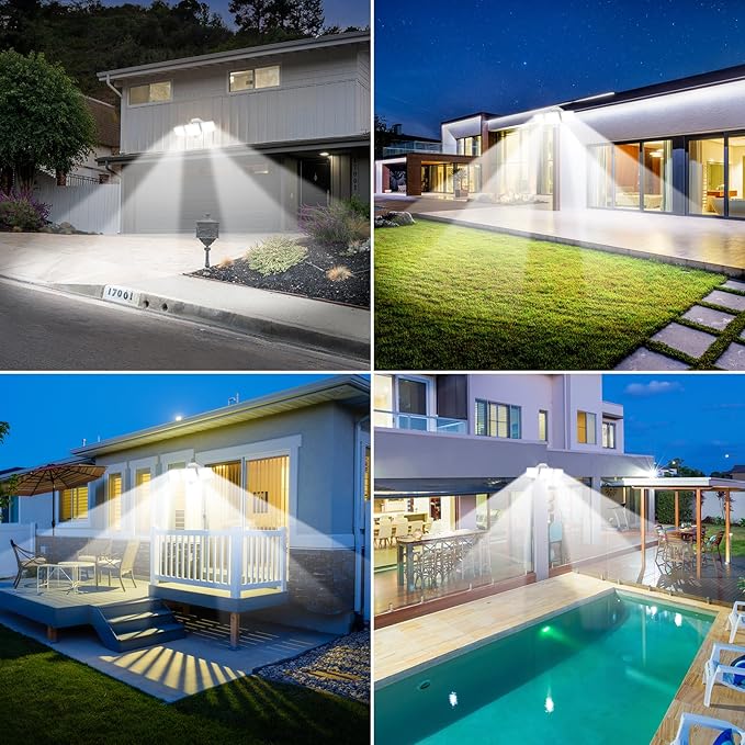 LED Security Lights Motion Sensor Outdoor Lights, 6500K Daylight, IP65 Waterproof, Dusk to Dawn, 3-Head Motion Detected Flood Light for Garage, Yard, Porch, White, 2 Pack