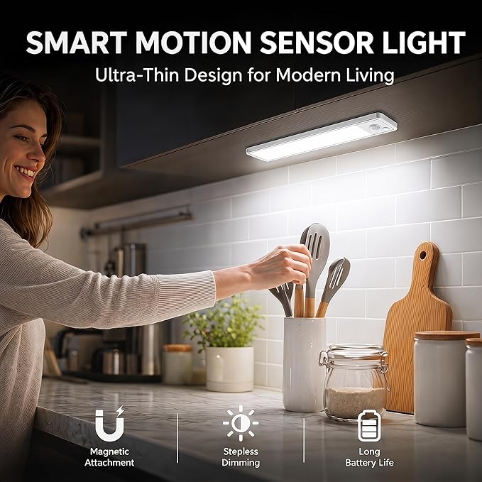Under Cabinet Lighting: 12 Inch 3-Color Dimmable Rechargeable Motion Sensor Lights Indoor - Battery Operated Lights - Closet Light Magnetic Led Light for Kitchen Home Bathroom Counter 5 Pack