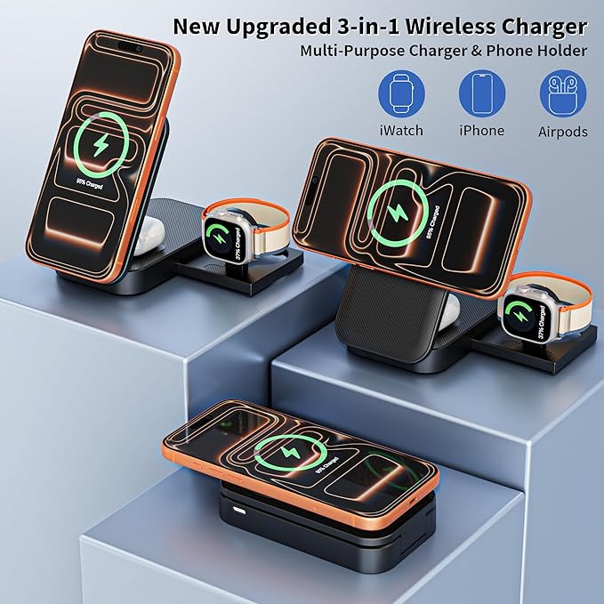 3 in 1 Wireless Charger Stand, 25W Foldable Wireless Charging Station for Apple Multiple Devices Fast Magnetic Charger with 6FT USB C Cable for iPhone 17 16 15 14 13 12 Series/Apple Watch/AirPods Pro