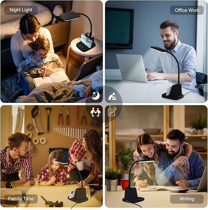 Desk Lamp, LED Desk Lamps for Home Office, Wireless Charger Small Desk Lamp with Pen Holder, 3 Color Modes, Dimmable, CRI 85, 800LM, Study Lamps for College Dorm Room, Adapter Included, Black