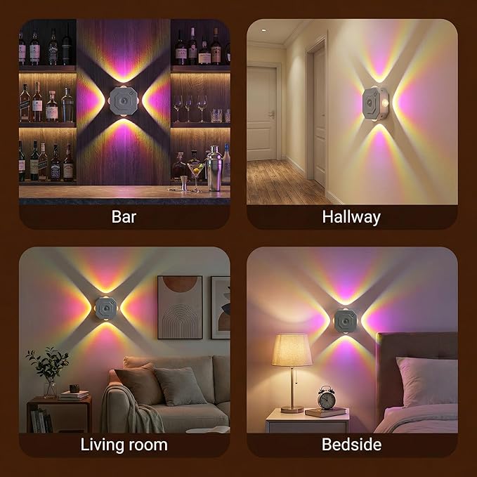 Motion Sensor Wall Lights, Peel and Stick On Rechargeable Wall Sconce Set of 2, Wireless No Drill RGB Color Changing Touch Dimmable Sconces for Indoor Hallway Stair Bedroom Closet