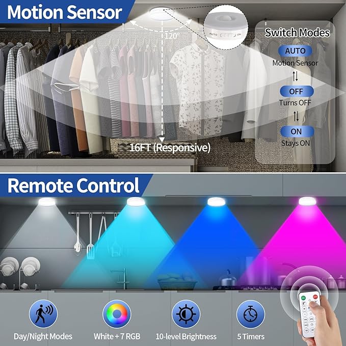 RGB LED Rechargeable Motion Sensor Light Indoor with Remote, Long-Lasting Battery, Bright & Dimmable, Stick-On Puck Night Light for Closet, Cabinet, Kitchen, Stairs, Shelves - Warm & RGB 2Pack