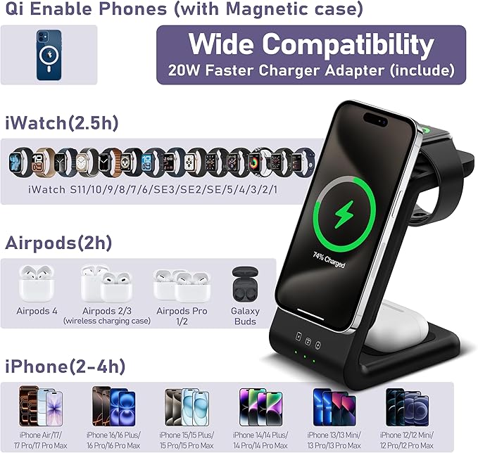 Smtcsl 3 in 1 Wireless Charging Station: 5000mAh Removable Power Bank Charger Stand for Phone/Watch/Air Pods - Portable Magnetic Battery Pack for Air 17 16 15 14 13 12 Series