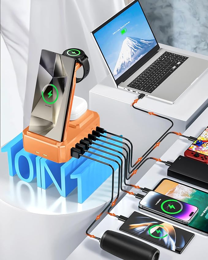 300W Wireless Charger for Samsung,Zutspzss 10 in 1 Wireless Charging Station, 65W USB C Fast Charging Stand for Samsung S25 Ultra/S24/S23/S22/Z Fold,Galaxy Watch Ultra7/6/5,Galaxy Buds,Orange