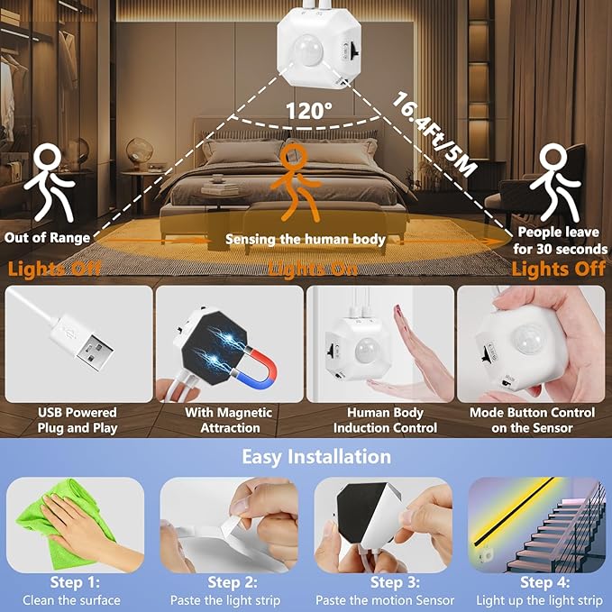 Motion Sensor Light Indoor Under Bed Lights, 16.4Ft Dimmable Motion Activated LED Strip Lights for Bedroom, Warm White USB Under Cabinet Lights Motion Sensor LED Strip for Kitchen Stair Closet