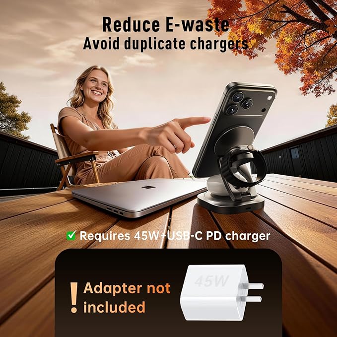 REWONDER 3 in 1 Wireless Charger Station - Qi2.2 25W Charging Stand - 360° Rotatable Metal Aluminum Dock Compatible with iPhone 17 16 15 14 13 & Apple Watch Ultra & AirPods Pro (Adapter Not Included)