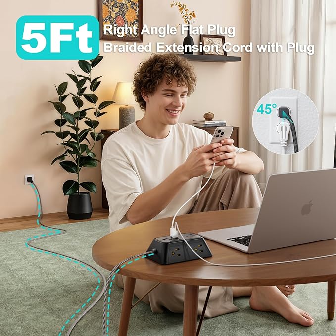 Surge Protector Power Strip with 6 Widely AC Outlets 4 USB Ports(2 USB C), 5 Ft Braided Power Cord, 3-Side Outlet Extender with Overload Protection for Office, Home, Travel Essential
