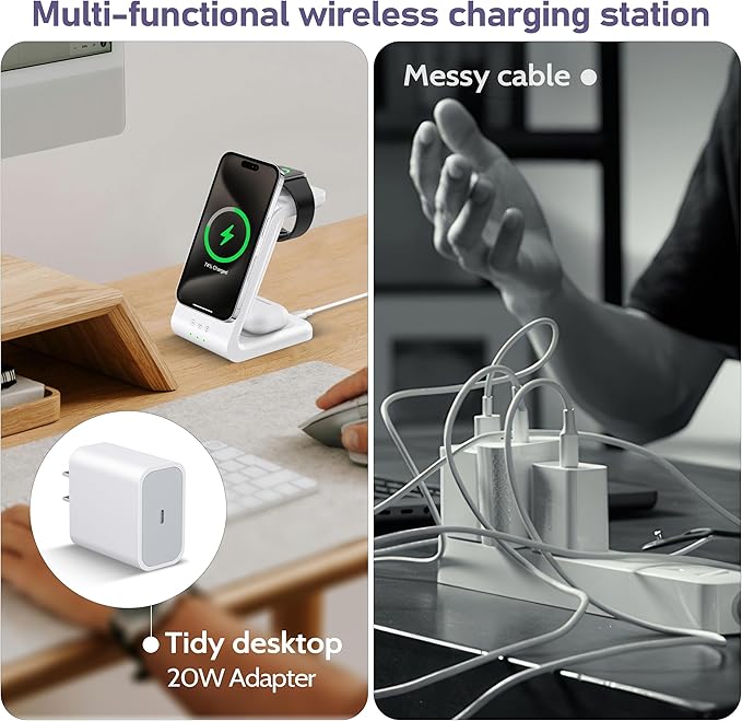 Smtcsl 3 in 1 Wireless Charging Station: 5000mAh Removable Power Bank Charger Stand for Phone/Watch/Air Pods - Portable Magnetic Battery Pack for Air 17 16 15 14 13 12 Series White