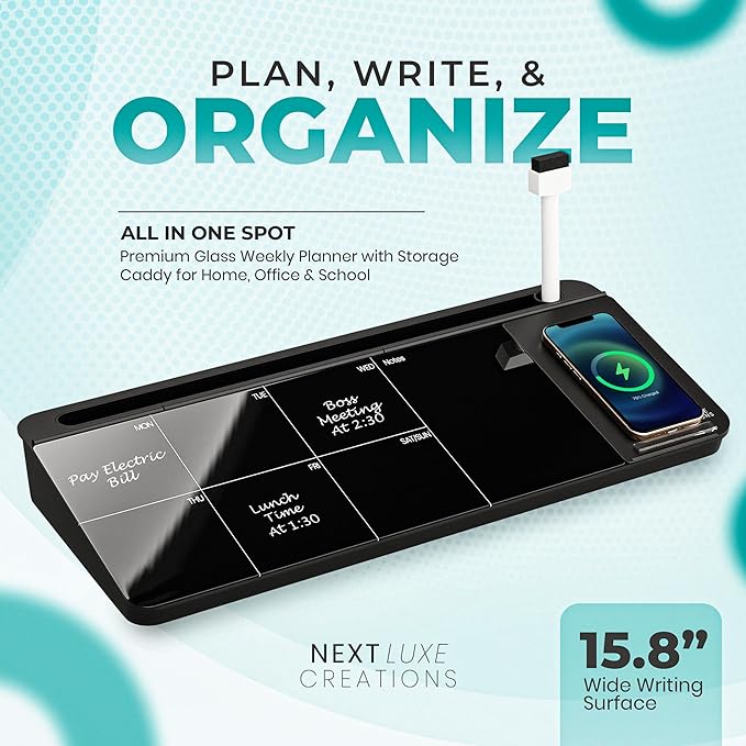 NEXTLUXE Glass Desk Whiteboard with Wireless Charger - Desktop Whiteboard with Storage, Weekly Planner, Dry Erase Pad, Organizer Drawer for Home, School, Office Gadgets – Black (Black)