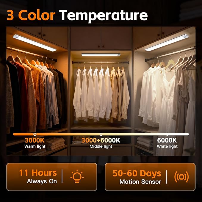 15.7inch Motion Sensor Cabinet Light, 2400mAh 74 LED Beads, USB-C Charging, 3 Color Temperatures, for Long Lasting Durability Easy to Install, Magnetic Under Cabinet Light Suitable for Kitchen(4Pack)
