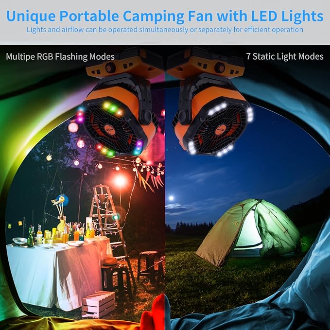 WESTTREE 20000mAh Camping Fan Oscillating Portable Fan Battery Powered Fans Rechargeable Camping essentials with Light Hook, 270° Pivot USB Desk Battery Operated Outdoor Tent Travel