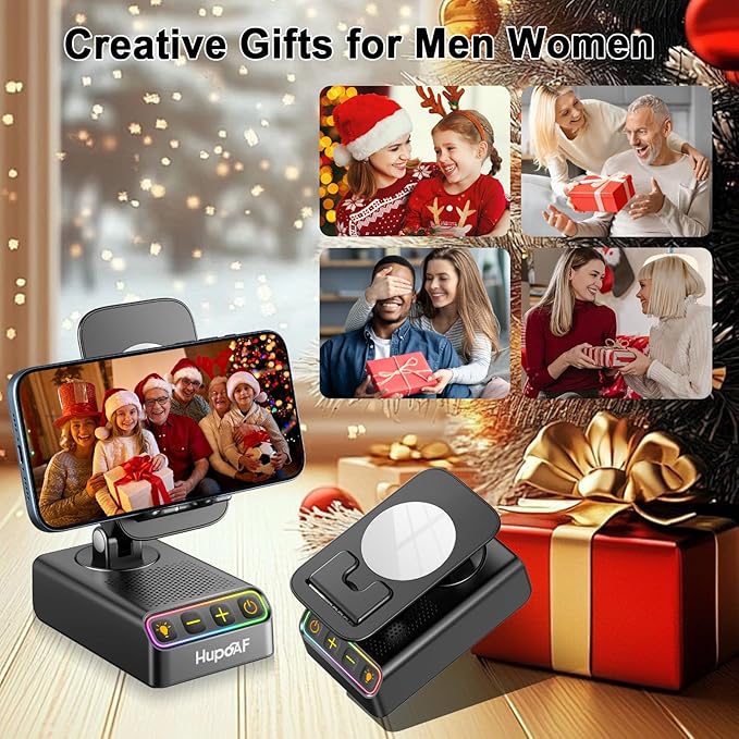 Hupoaf Adjustable Cell Phone Stand with Wireless Induction Bluetooth Speaker, HD Surround Sound for Home and Outdoors, Compatible with iPhone/Samsung Galaxy, 2026 Birthday Gifts for Men Women Dad Mom