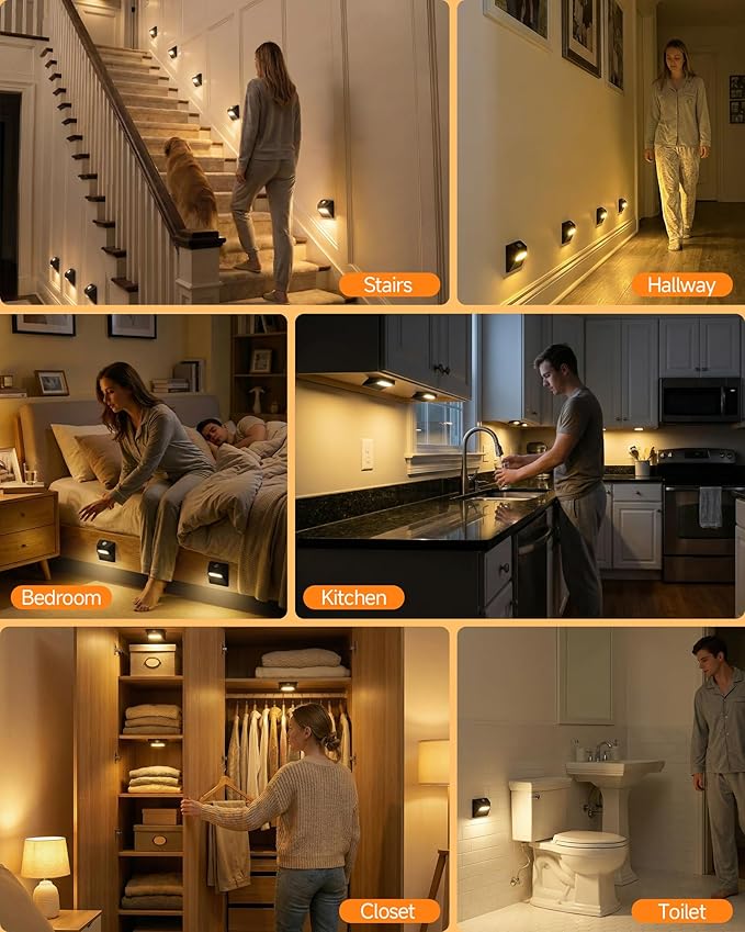 4 Pack 2200mAh Rechargeable Stair Lights Indoor, Step Lights Indoor with Magnetic Mount, Stick-On Motion Sensor Lights for Stairs Hallway Bedroom Kitchen Bathroom Closet Cabinet (Black)