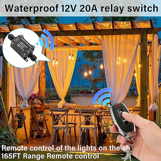 DC 12V 24V 48V Wireless Remote Control Switch,433MHz RF Relay Switch 20A Heavy Duty,IP67 Waterproof Receiver,164Ft Long Range Control for RV,Marine,Solar,Water Pump,Lights, Fans