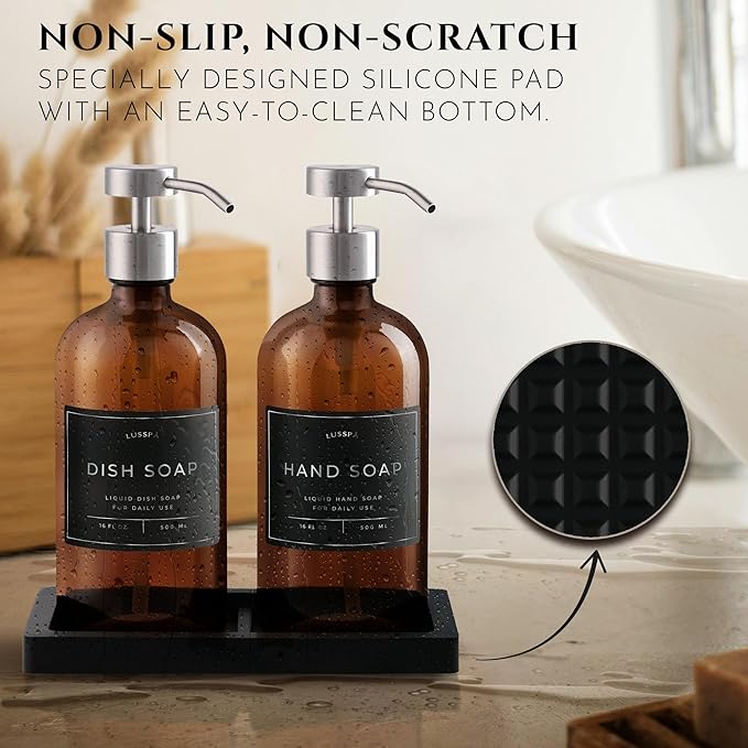 Glass Soap Dispenser Set of 2 (Amber) with Silicone Tray | Hand and Dish Soap Dispenser for Kitchen and Bathroom | 16.8 Oz Glass Bottles with Stainless Steel Pump & 15 Waterproof Labels (Amber/Silver)