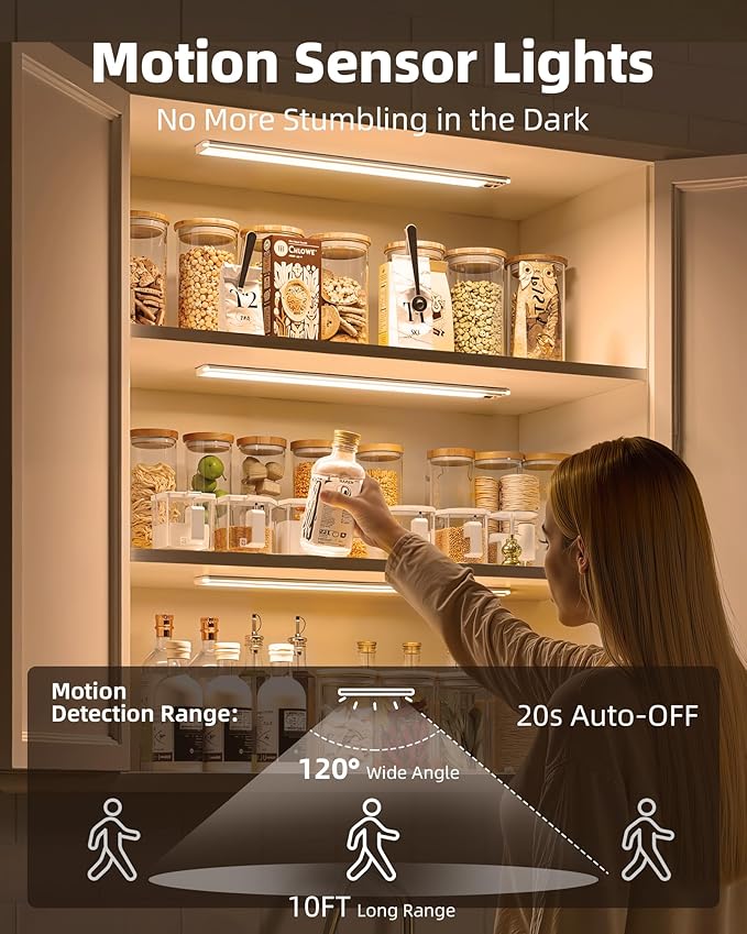 EZVALO Under Cabinet Lights,14.5'' Motion Sensor Light Indoor Dimmable, Super Bright 4000mAh Rechargeable Closet Lights 3500K with Remote Control, Wireless Under Counter Light for Kitchen,Cabinet