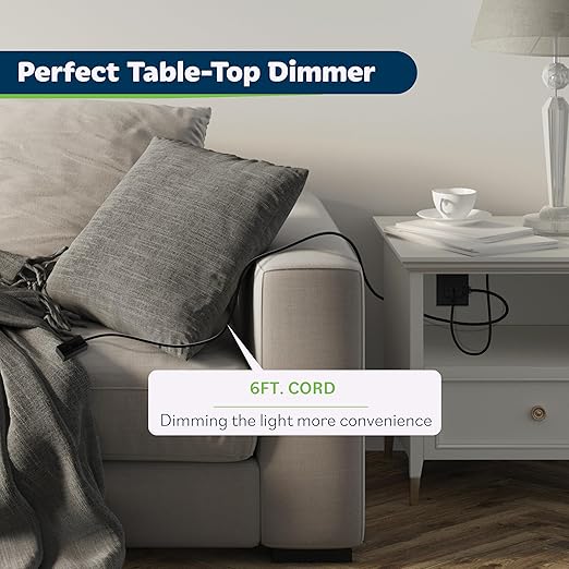TOPGREENER Table-Top Plug in Dimmer for Table or Floor Lamps, Slide Control, Works with 360 Watt Incandescent and 150 Watt Dimmable CFL/LED, Off at Lowest dim, 6ft Cord, TGTTDL300-BK, Black, 2 Pack
