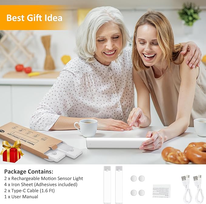 Motion Sensor Under Cabinet Lights, Magnetic Rechargeable Under Counter Closet Light, Wireless Night Light Bar Stick-On, 2-Pack, Warm White