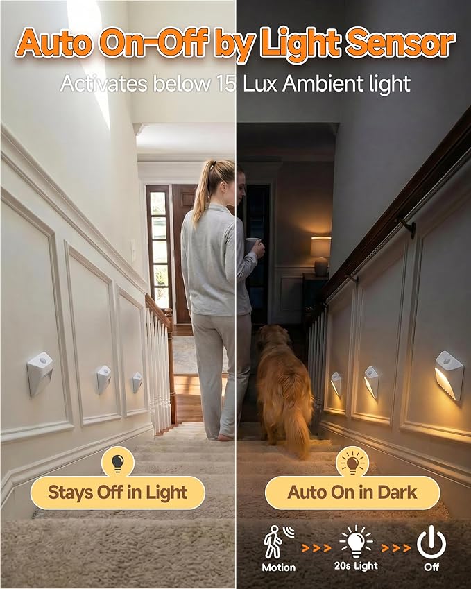 4 Pack 2200mAh Rechargeable Stair Lights Indoor, Step Lights Indoor with Magnetic Mount, Closet Lights, Stick-On Motion Sensor Lights for Stairs Hallway Bedroom Bathroom Cabinet (White)