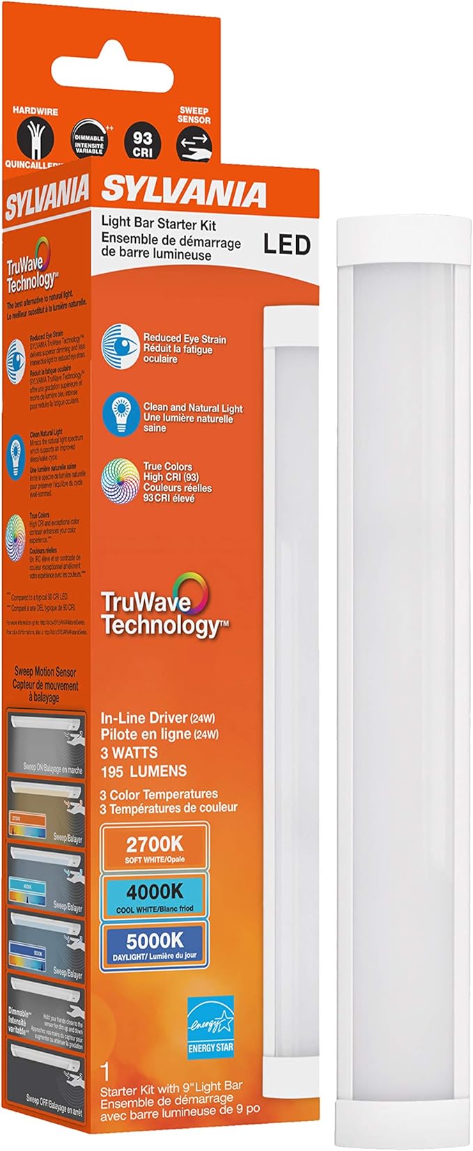 LEDVANCE Sylvania TruWave Natural Series 3-Way Selectable 9" LED Under Cabinet Light Starter Kit, Soft / Cool / Daylight, Hardwire - 1 Pack, 3 Watts (61866)