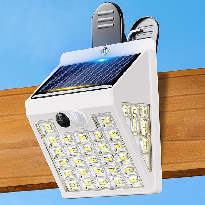 Clip On Solar Lights Outdoor,Motion Sensor Outdoor Lights, 72LEDs 600LM Clip on Solar Fence Lights Outdoor Waterproof LED,Solar Lights for Wall Fence,Deck, Gutter,Camping (1, White)