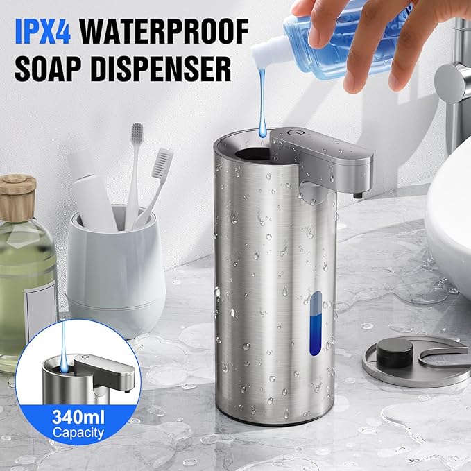 Fantictas Automatic Soap Dispenser Touchless, Stainless Steel 11.5 oz 3 Levels Adjustable Hand Soap Dispenser with Rechargeable Sensor Pump for Kitchen & Bathroom Liquid Soap