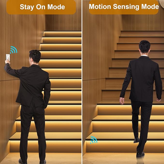 Intelligent Motion Sensor LED Stair Lighting Kit KMG-3233, 60 Inch Cuttable LED Strip Light for Indoor Stair Lights - Warm White 3000K, 20 Stairs