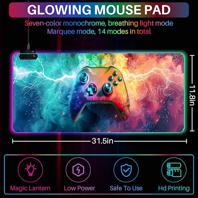 XL Led Gaming Mouse Pad with 14 Light Modes - Light Up Gamer Mouse Pad,31.5 x 11.8in Non-Slip Gamepad Style RGB Large Gamer Mousepad,Black Long Glowing Gaming Accessories for Desk,Waterproof