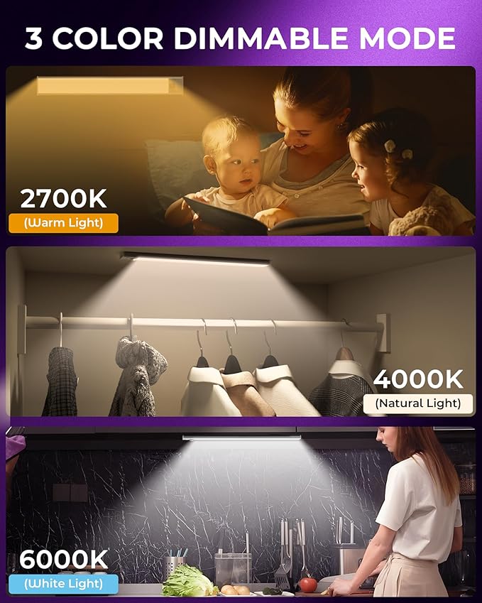 ASOKO HOME Under Cabinet Lights Motion Sensor Light Indoor,3-Light Colors, 2500mAh Rechargeable LED Closet Lights Battery Operated Under Cabinet Lighting Wireless (3-Light Colors, 2Pack)