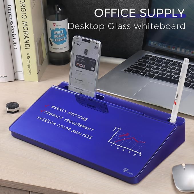 TOWON Navy Small Compact Glass Desktop Whiteboard with Storage, 12 x 7 Inches, Glossy Metallic Paint Mirror Finish Dry Erase Board, Includes 5 Markers, Eraser & Holder for Office Homeschooling Décor