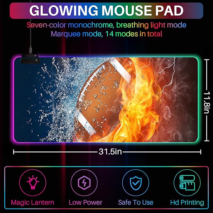 XL RGB Gaming Mouse Pad with 14 Light Modes - Light Up Gamer Mouse Pad,31.5 x 11.8in Non-Slip Football Style Led Large Gamer Mousepad,Black Long Glowing Gaming Accessories for Desk,Waterproof