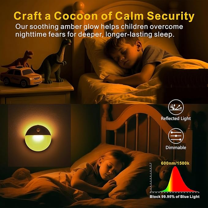 YUNLEX 2 Pack Amber Night Light, Battery Operated Night Light, 2.6" Small Sticky Lights, Dimming, 3 Light Modes, Motion Sensor Lights for Kids, Baby, Sleep, Bedroom, Bathroom, Toilet, Travel, Stairs