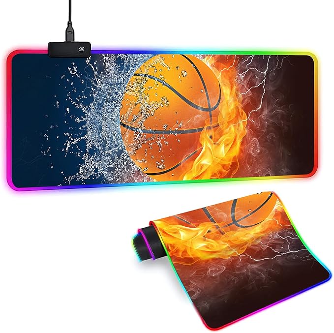 XL RGB Gaming Mouse Pad with 14 Light Modes - Light Up Gamer Mouse Pad,31.5 x 11.8in Non-Slip Basketball Style Led Large Gamer Mousepad, Black Long Glowing Gaming Accessories for Desk, Waterproof