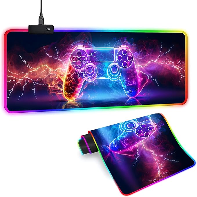 XL Led Gaming Mouse Pad with 14 Light Modes - Light Up Gamer Mouse Pad,31.5 x 11.8in Non-Slip Gamepad Style RGB Large Gamer Mousepad,Black Long Glowing Gaming Accessories for Desk,Waterproof