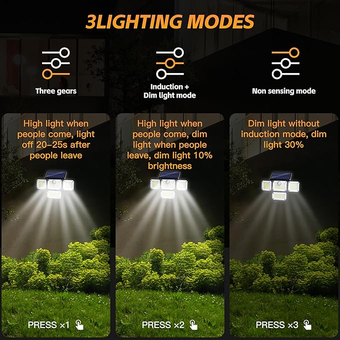 Outdoor Motion Sensor Lamp, 4-Head Solar Power Light, 333 LED Solar Light, Wireless Flood Lights Outdoor，3000 Lumens, 6500K, Motion Sensor, IP65 Waterproof, 270° Lighting Range for Street （2Pack）