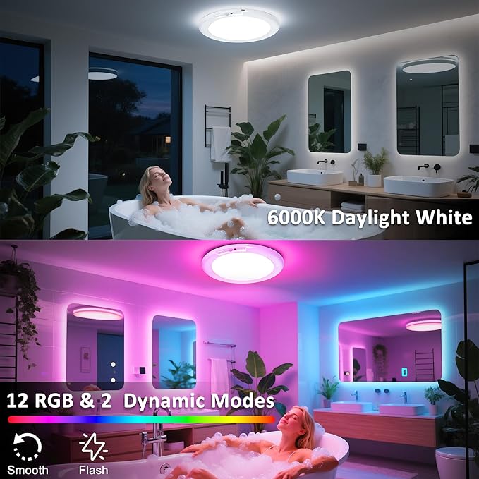 maylit Shower Lights 4 Pack, RGBW Rechargeable Ceiling Light, Waterproof Battery Operated Lamp, Wireless Stick on Inside Motion Sensor Mood LED Lighting for Bathroom No Wiring, Indoor